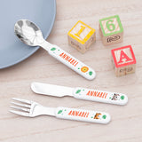 Personalised Jungle Animal Metal Cutlery Set with Plastic handle, featuring the name "Annabel"