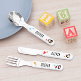 Personalised Winter Penguin Cutlery Set - Metal, with plastic handle, featuring the name "Oliver"