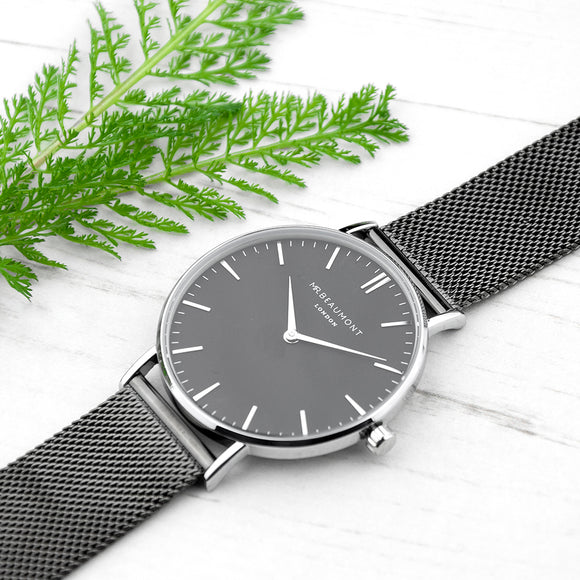 Personalised Men's Metallic Charcoal Grey Watch With Black Face