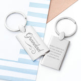 Two sides of the same personalised silver keyring with personalised engravings. One side reads 'World's Best GRANDAD' and the other has the text a personalised Christmas message reading "Merry Christmas to the world's best grandad love Olivia & Annabel xxx"