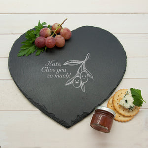 Romantic Pun Olive You So Much Heart Slate Cheese Board
